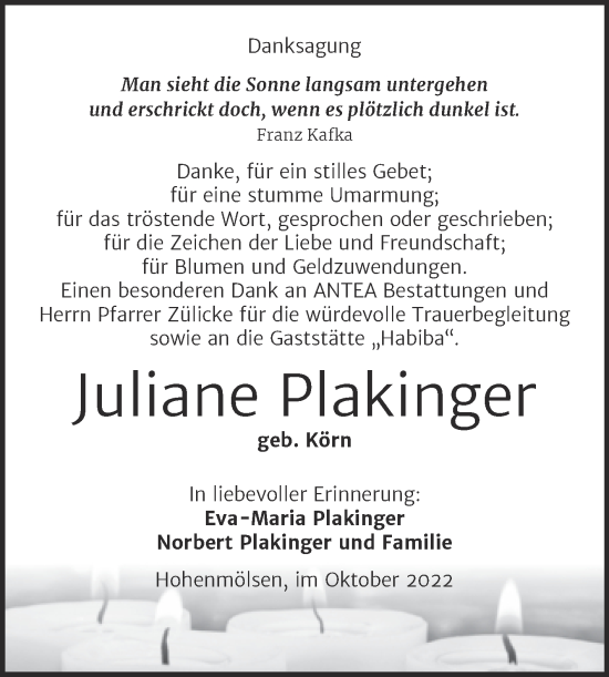 Traueranzeige von Juliane Plakinger von Trauerkombi Weißenfels