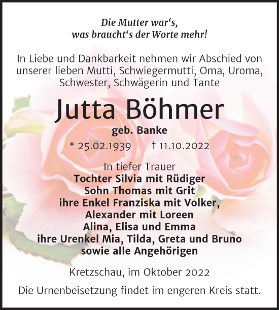 Traueranzeige von Jutta Böhmer von Trauerkombi Zeitz