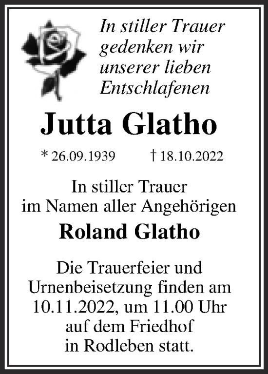 Traueranzeige von Jutta Glatho von Trauerkombi Dessau