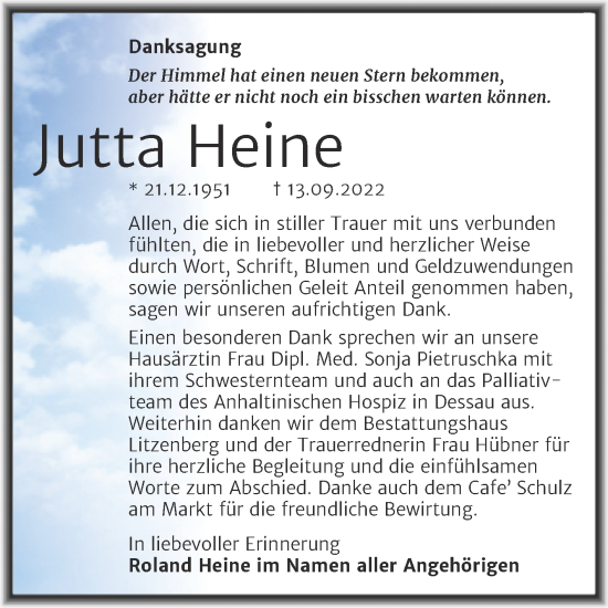 Traueranzeige von Jutta Heine von Mitteldeutsche Zeitung Mansfelder Land