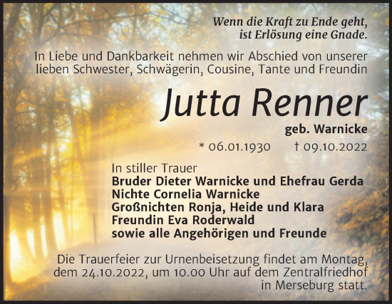 Traueranzeige von Jutta Renner von Trauerkombi Merseburg