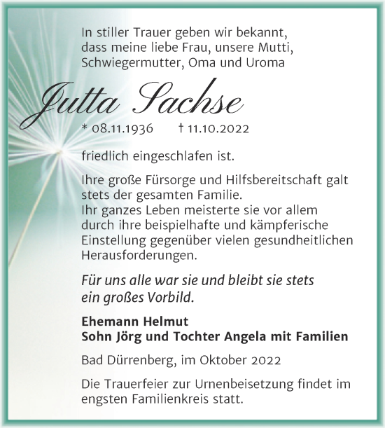 Traueranzeige von Jutta Sachse von Trauerkombi Merseburg