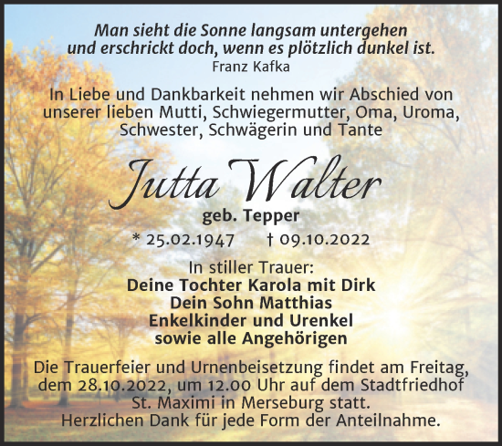Traueranzeige von Jutta Walter von Trauerkombi Merseburg