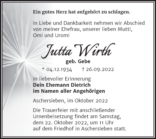 Traueranzeige von Jutta Wirth von Trauerkombi Aschersleben