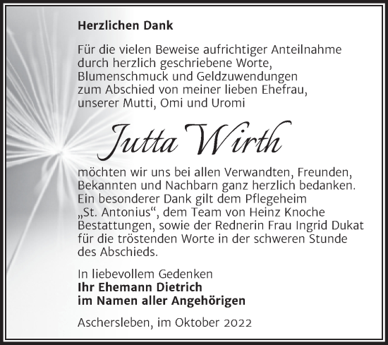 Traueranzeige von Jutta Wirth von Trauerkombi Aschersleben