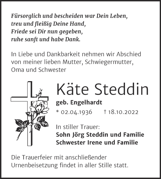 Traueranzeige von Käte Steddin von Trauerkombi Wittenberg