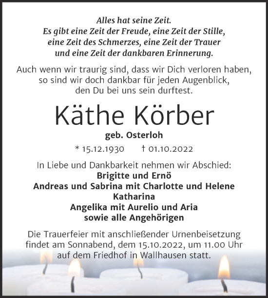 Traueranzeige von Käthe Körber von Trauerkombi Sangerhausen