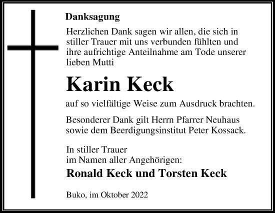 Traueranzeige von Karin Keck von Trauerkombi Wittenberg