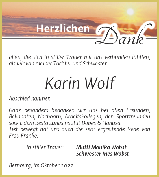 Traueranzeige von Karin Wolf von Trauerkombi Bernburg