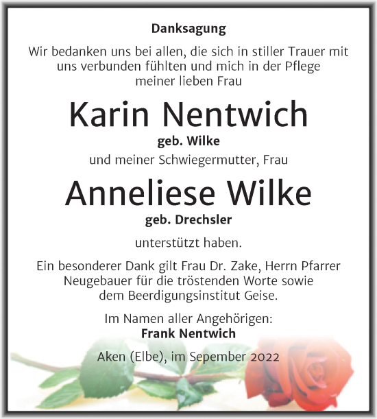 Traueranzeige von Karin und Anneliese Nentwich von Trauerkombi Köthen