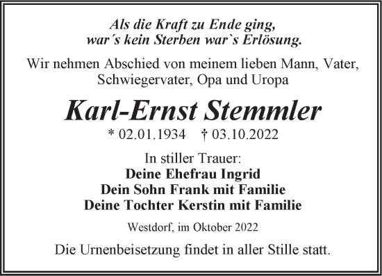 Traueranzeige von Karl-Ernst Stemmler von Trauerkombi Aschersleben