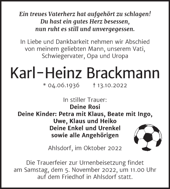Traueranzeige von Karl-Heinz Brackmann von Trauerkombi Mansfelder Land