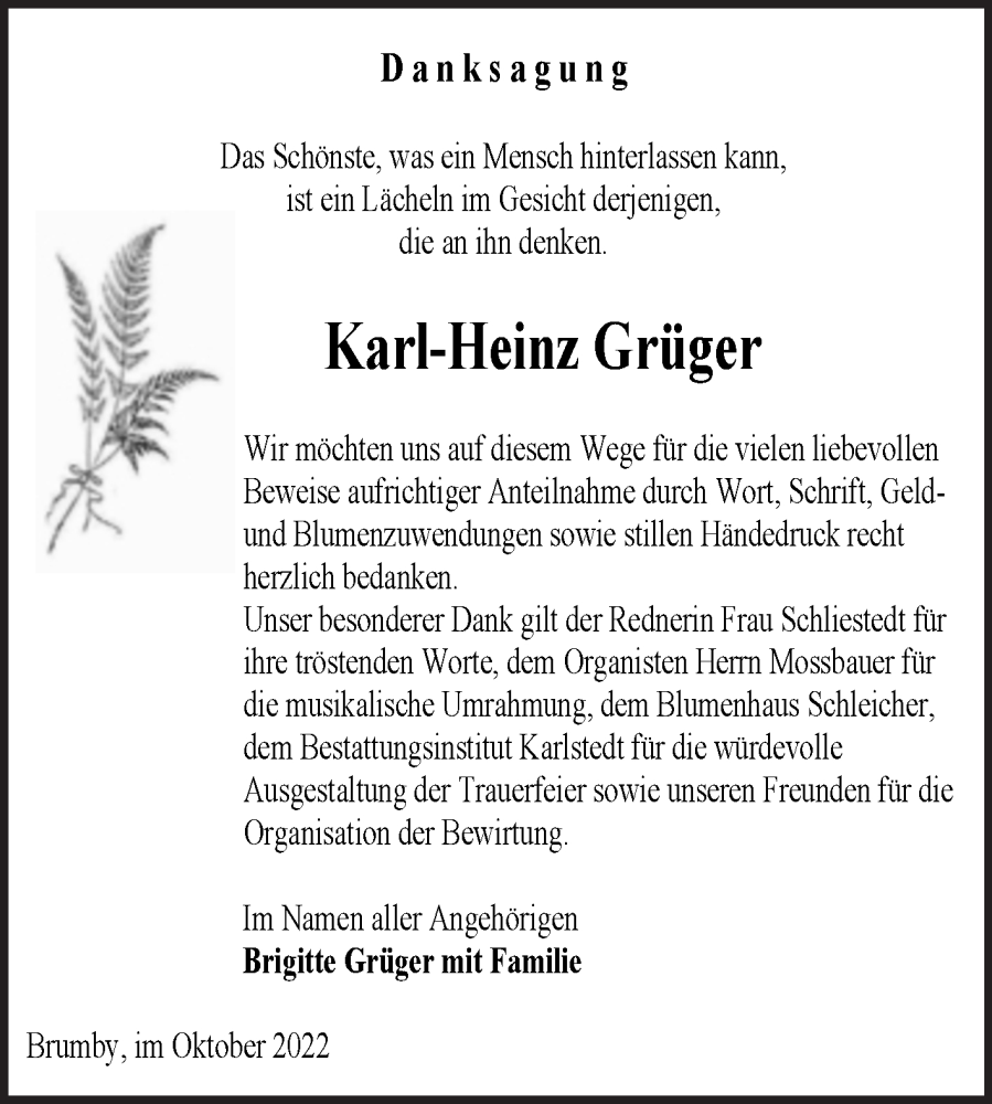  Traueranzeige für Karl-Heinz Grüger vom 15.10.2022 aus Trauerkombi Bernburg