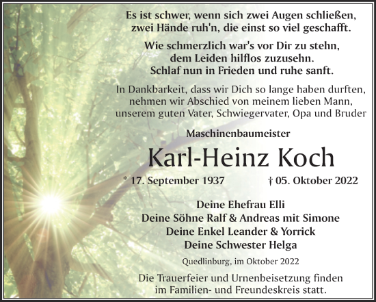 Traueranzeige von Karl-Heinz Koch von Trauerkombi Quedlinburg