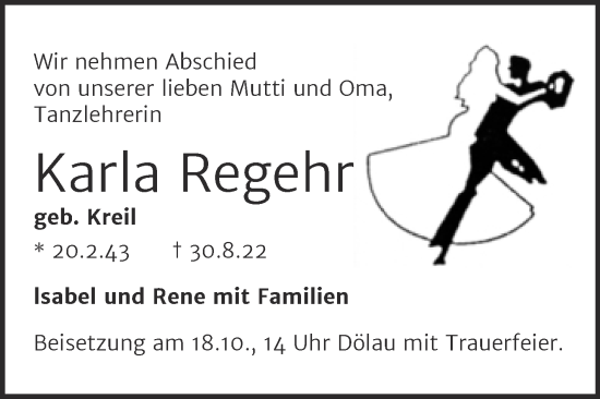 Traueranzeige von Karla Regehr von Mitteldeutsche Zeitung Halle/Saalkreis