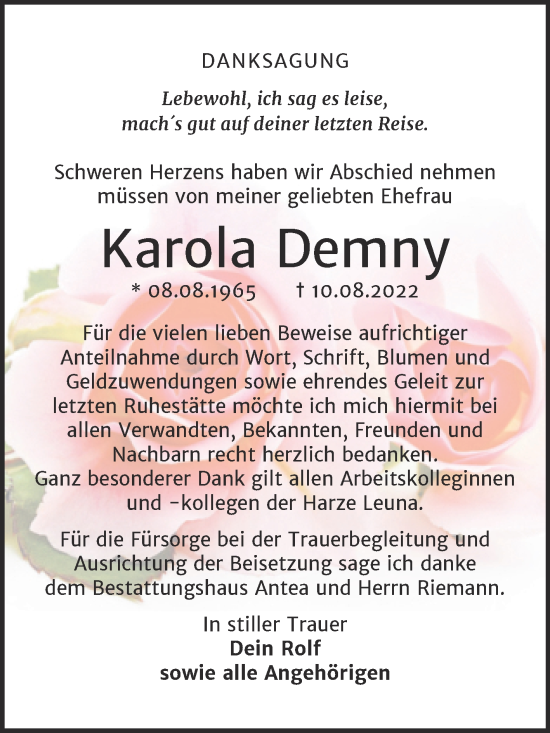 Traueranzeige von Karola Demny von Trauerkombi Weißenfels