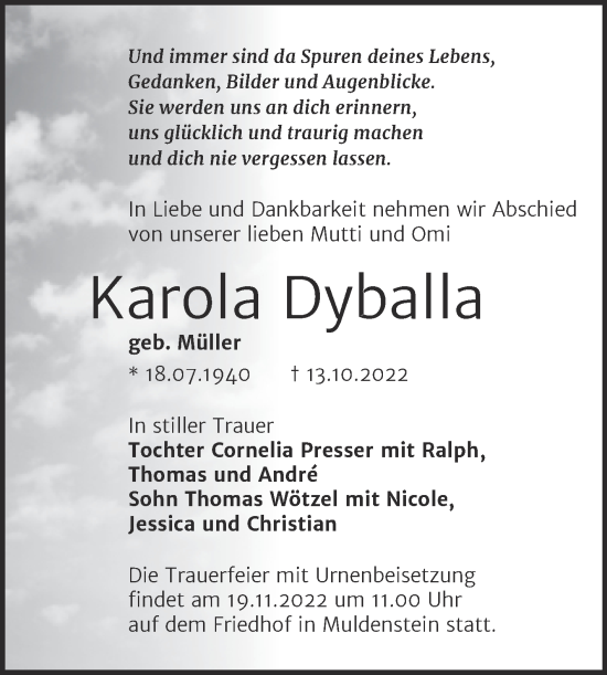 Traueranzeige von Karola Dyballa von Trauerkombi Bitterfeld