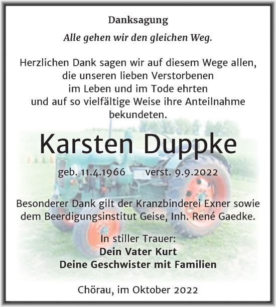 Traueranzeige von Karsten Duppke von Trauerkombi Köthen