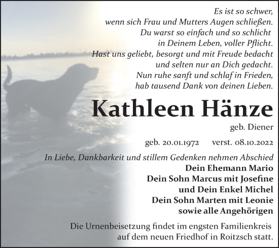 Traueranzeige von Kathleen Hänze von Trauerkombi Bitterfeld