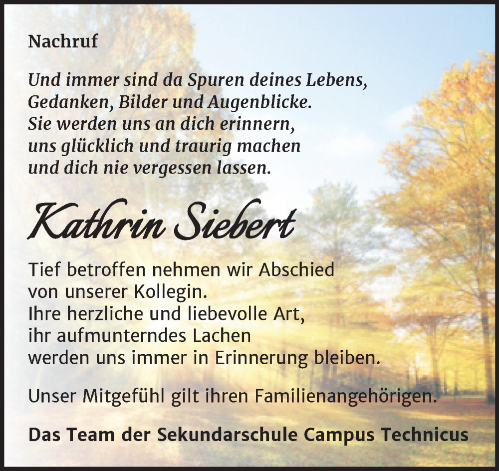  Traueranzeige für Kathrin Siebert vom 29.10.2022 aus Super Sonntag Bernburg