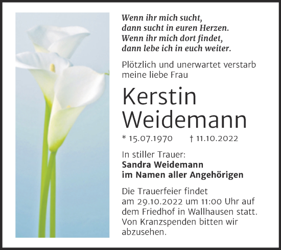 Traueranzeige von Kerstin Weidemann von Trauerkombi Sangerhausen