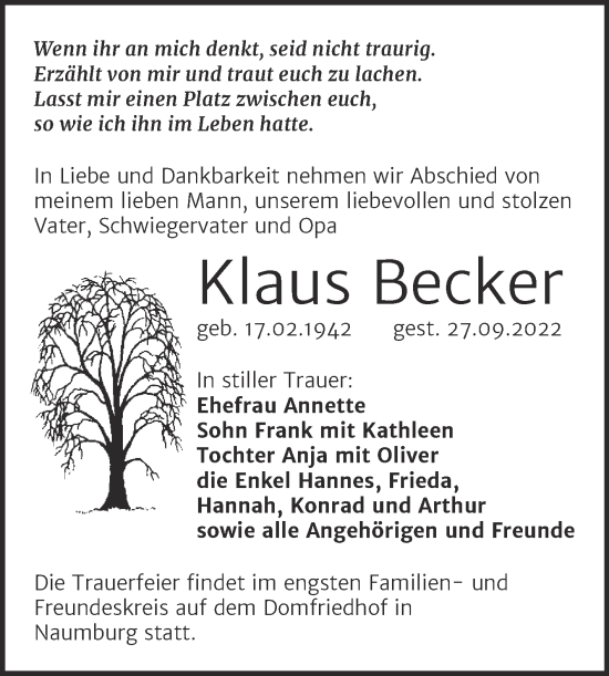 Traueranzeige von Klaus Becker von Naumburger Tageblatt