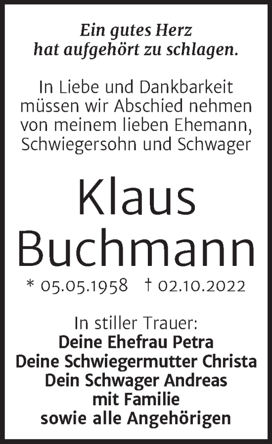 Traueranzeige von Klaus Buchmann von Trauerkombi Dessau