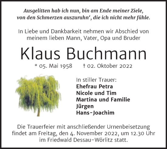 Traueranzeige von Klaus Buchmann von Trauerkombi Dessau