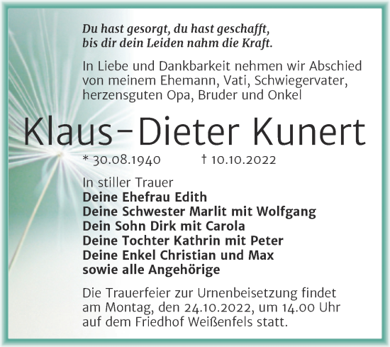 Traueranzeige von Klaus-Dieter Kunert von Mitteldeutsche Zeitung Weißenfels