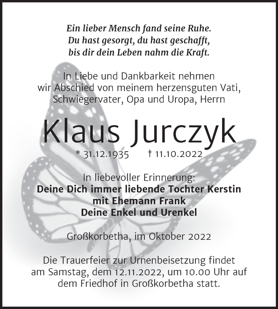  Traueranzeige für Klaus Jurczyk vom 19.10.2022 aus Trauerkombi Weißenfels