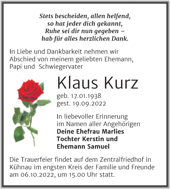 Traueranzeige von Klaus Kurz von Super Sonntag Dessau-Roßlau