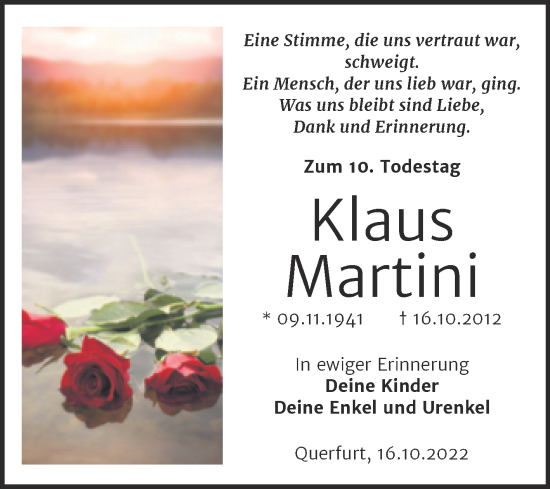 Traueranzeige von Klaus Martini von Mitteldeutsche Zeitung Merseburg/Querfurt