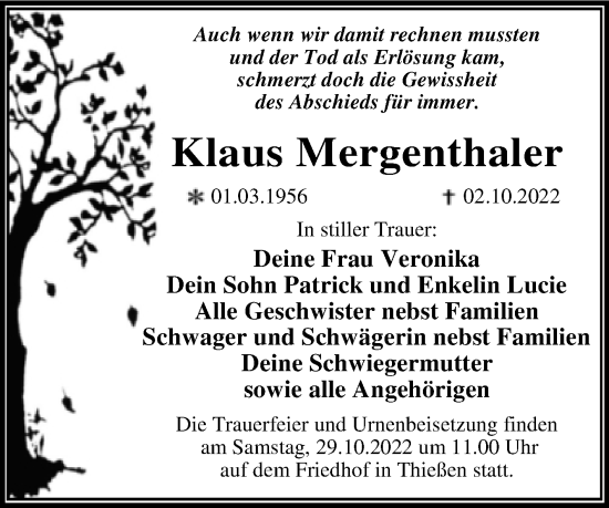 Traueranzeige von Klaus Mergenthaler von Super Sonntag Wittenberg