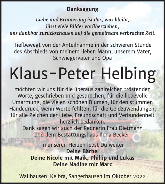 Traueranzeige von Klaus-Peter Helbing von Trauerkombi Sangerhausen
