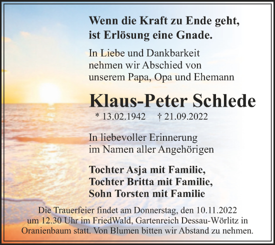 Traueranzeige von Klaus-Peter Schlede von Trauerkombi Dessau