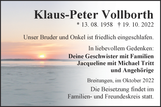Traueranzeige von Klaus-Peter Vollborth von Trauerkombi Sangerhausen