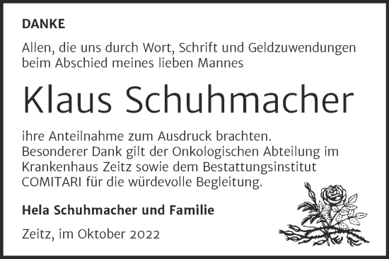 Traueranzeige von Klaus Schuhmacher von Trauerkombi Zeitz