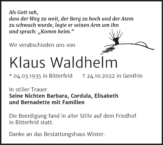 Traueranzeige von Klaus Waldhelm von Trauerkombi Bitterfeld