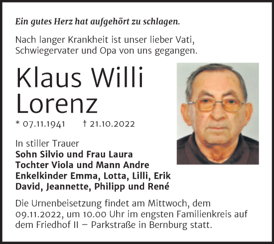 Traueranzeige von Klaus Willi Lorenz von Trauerkombi Bernburg