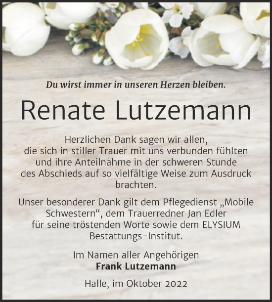 Traueranzeige von Köthen Lutzemann von Mitteldeutsche Zeitung Halle/Saalkreis