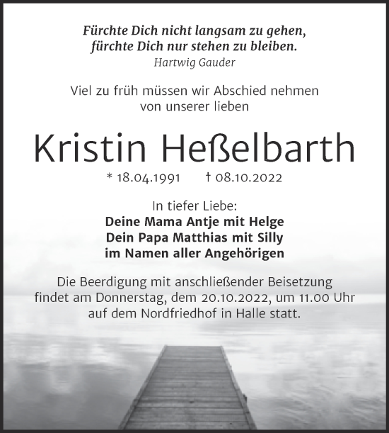 Traueranzeige von Kristin Heßelbarth von Mitteldeutsche Zeitung Halle/Saalkreis