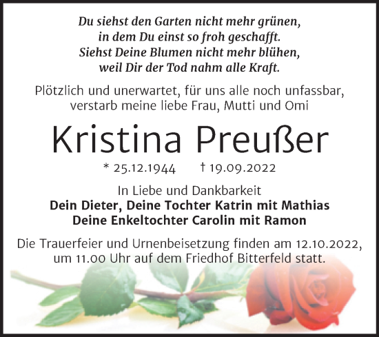 Traueranzeige von Kristina Preußer von Trauerkombi Bitterfeld