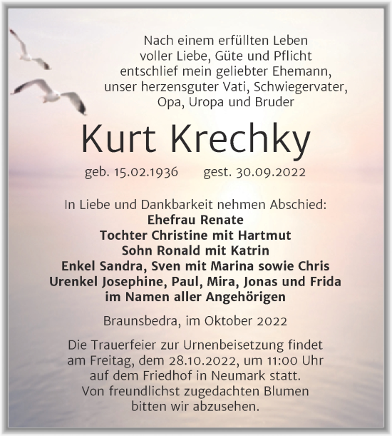 Traueranzeige von Kurt Krechky von Trauerkombi Merseburg