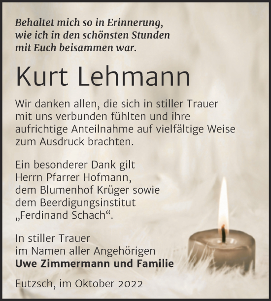 Traueranzeige von Kurt Lehmann von Trauerkombi Wittenberg