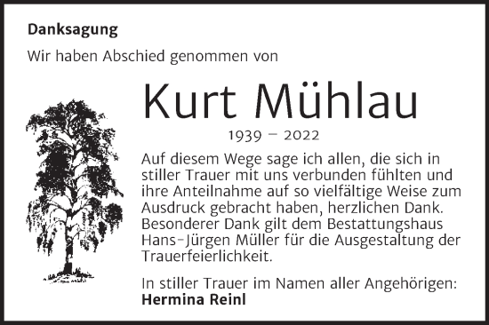 Traueranzeige von Kurt Mühlau von Trauerkombi Aschersleben