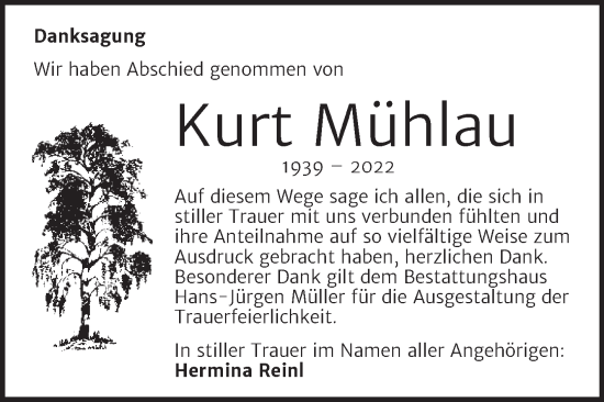 Traueranzeige von Kurt Mühlau von Trauerkombi Aschersleben