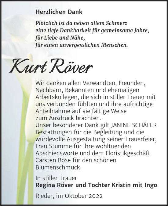 Traueranzeige von Kurt Röver von Trauerkombi Quedlinburg