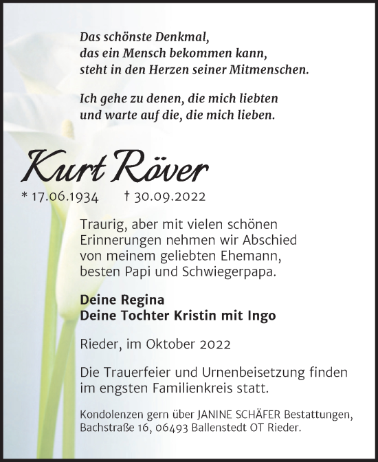 Traueranzeige von Kurt Röver von Trauerkombi Quedlinburg