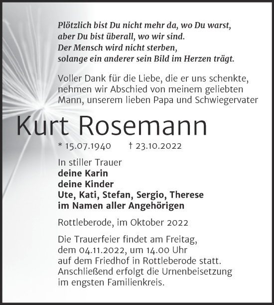 Traueranzeige von Kurt Rosemann von Trauerkombi Sangerhausen
