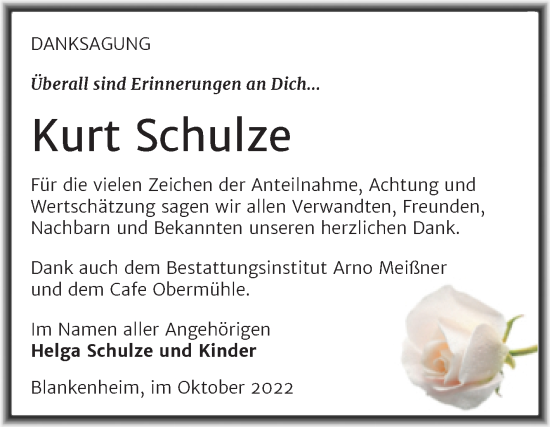 Traueranzeige von Kurt Schulze von Trauerkombi Sangerhausen